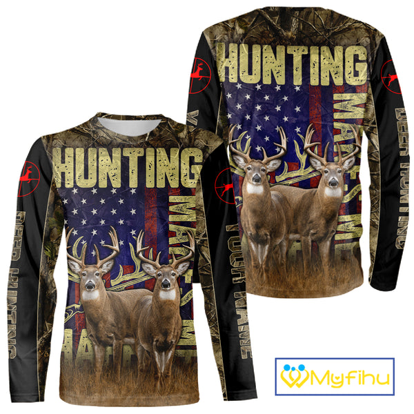 Beautiful Patriotic Camo Deer Hunting Shirt with US Flag, Hunting Outfit, Gifts for Hunters NBT58