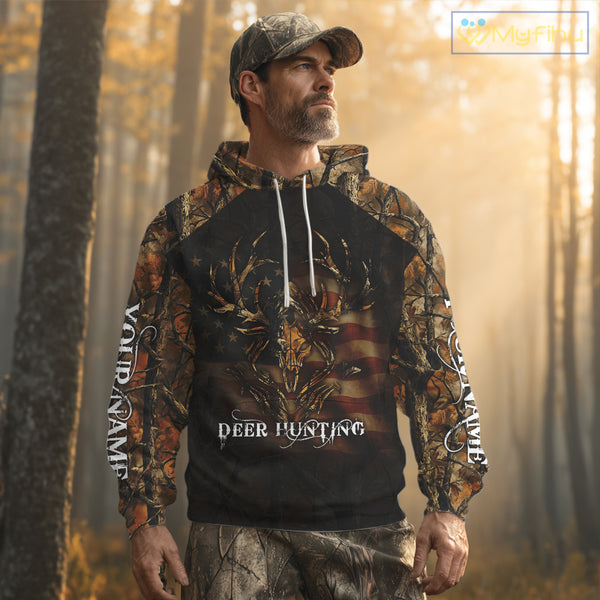 Best Deer Hunting Orange Camo with US Flag and Grim Reaper Deer Buck Shirts Hunting Gifts NBT70