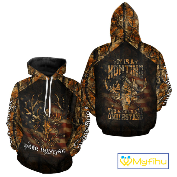 Best Deer Hunting Orange Camo with US Flag and Grim Reaper Deer Buck Shirts Hunting Gifts NBT70