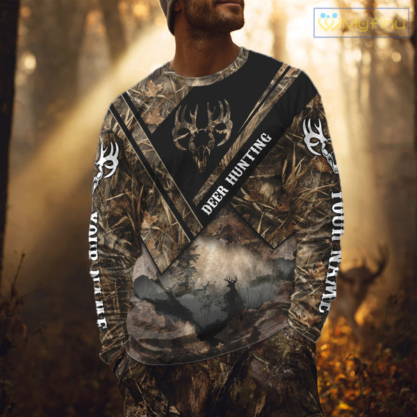 Deer Hunting Shirt Custom Name 3D All Over Print with Deer Skull & Brown Camo For Deer Hunters NBT79