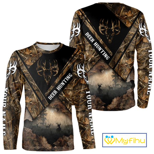 Deer Hunting Shirt Custom Name 3D All Over Print with Deer Skull & Brown Camo For Deer Hunters NBT79