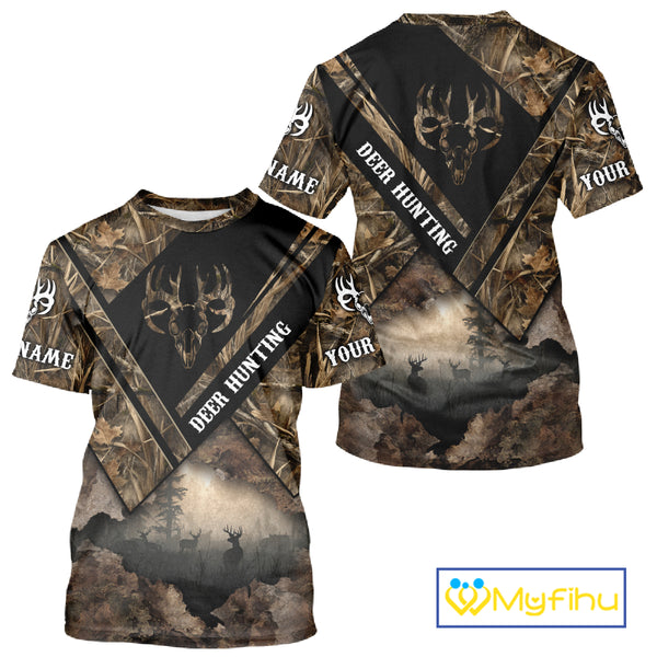 Deer Hunting Shirt Custom Name 3D All Over Print with Deer Skull & Brown Camo For Deer Hunters NBT79