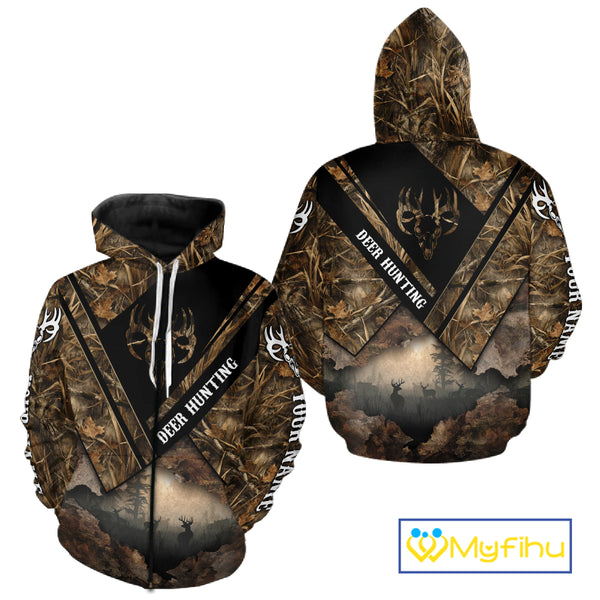 Deer Hunting Shirt Custom Name 3D All Over Print with Deer Skull & Brown Camo For Deer Hunters NBT79