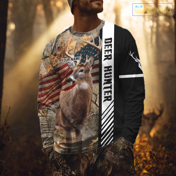 Beautiful Deer Hunting American flag Custom Name Shirt for Hunter NBT01