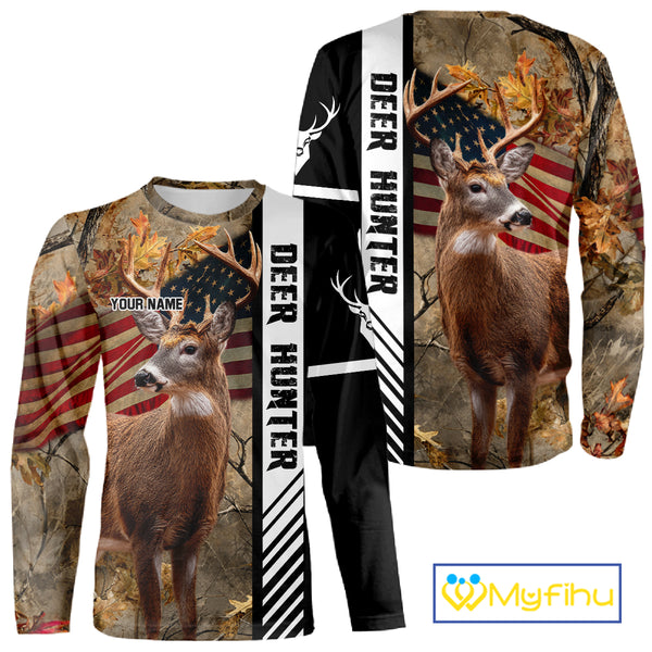 Beautiful Deer Hunting American flag Custom Name Shirt for Hunter NBT01