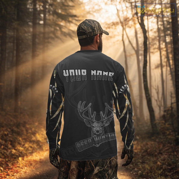 Deer Hunting Black Camo Custom Name Long Sleeve, Hoodie Shirt NBT03