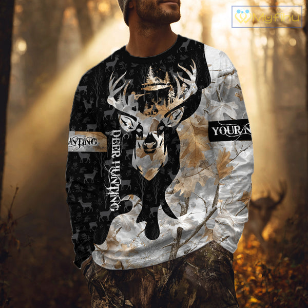 Snowfall Deer Hunting Hoodie, Longsleeves Shirt – Winter Camo Custom Name for Big Game Hunters NBT33