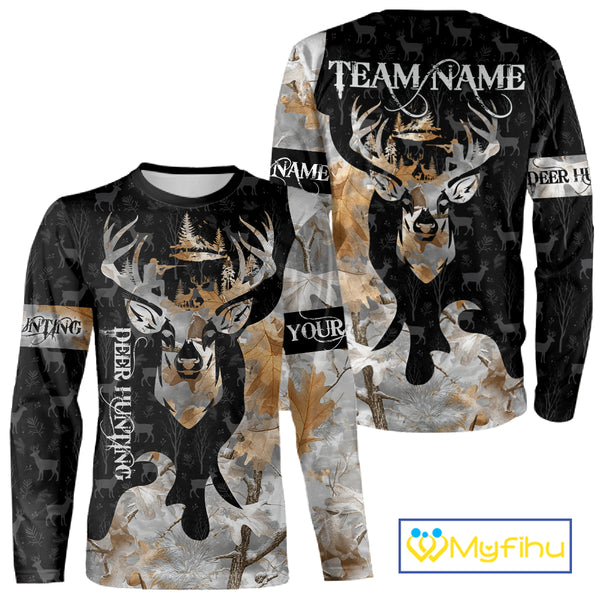 Snowfall Deer Hunting Hoodie, Longsleeves Shirt – Winter Camo Custom Name for Big Game Hunters NBT33