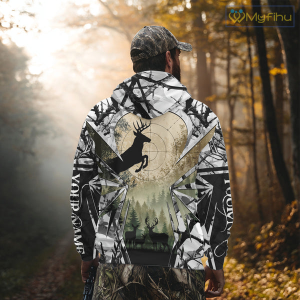 Grey Camo Deer Hunting Hoodie, Buck with Scope Silhouette, Whitetail Season NBT14