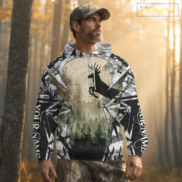 Grey Camo Deer Hunting Hoodie, Buck with Scope Silhouette, Whitetail Season NBT14