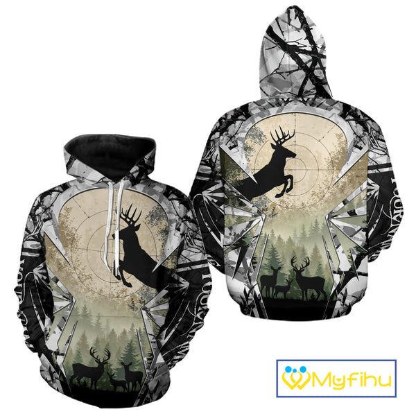 Grey Camo Deer Hunting Hoodie, Buck with Scope Silhouette, Whitetail Season NBT14