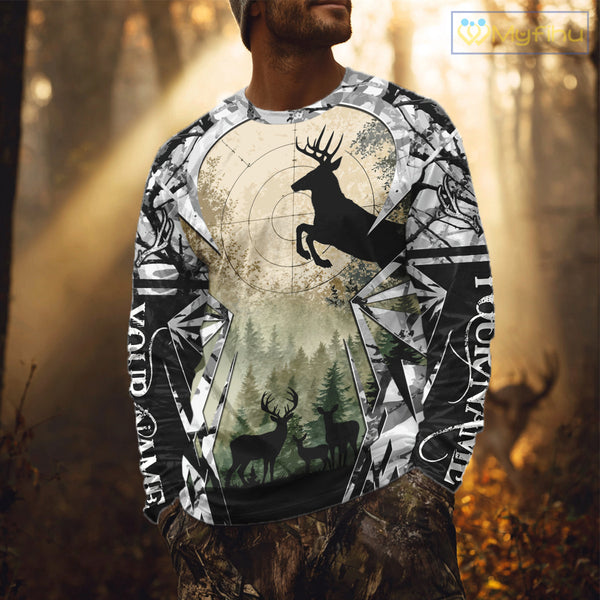 Grey Camo Deer Hunting Hoodie, Buck with Scope Silhouette, Whitetail Season NBT14