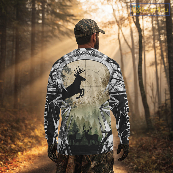 Grey Camo Deer Hunting Hoodie, Buck with Scope Silhouette, Whitetail Season NBT14