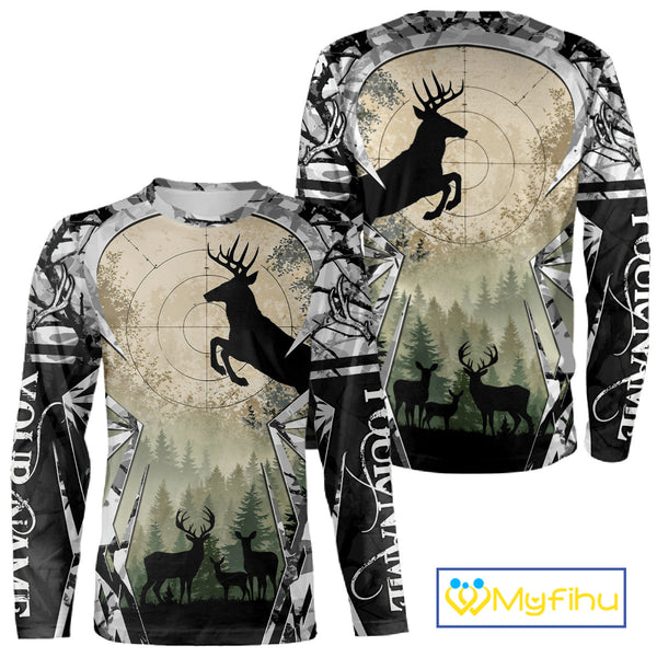 Grey Camo Deer Hunting Hoodie, Buck with Scope Silhouette, Whitetail Season NBT14