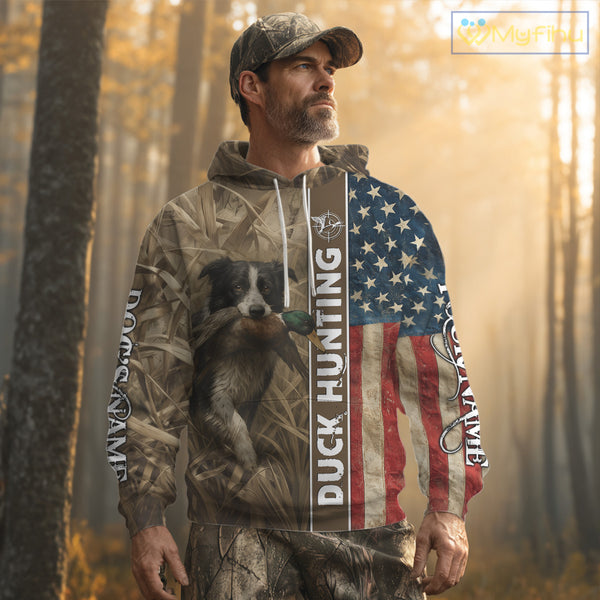Border Collies Duck Hunting Waterfowl Camo US Flag Shirts, Custom Name Shirts, Hunting Gifts NBT96