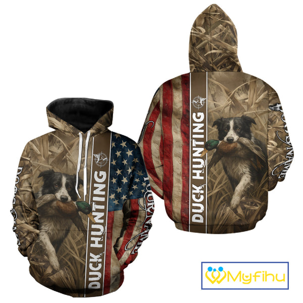 Border Collies Duck Hunting Waterfowl Camo US Flag Shirts, Custom Name Shirts, Hunting Gifts NBT96