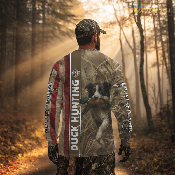 Border Collies Duck Hunting Waterfowl Camo US Flag Shirts, Custom Name Shirts, Hunting Gifts NBT96
