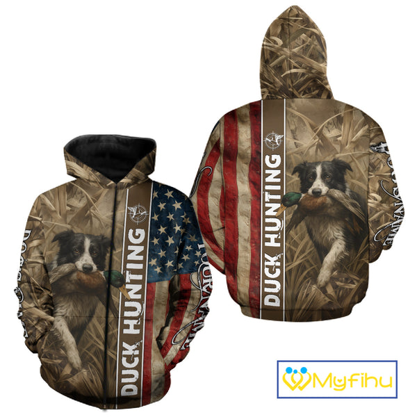 Border Collies Duck Hunting Waterfowl Camo US Flag Shirts, Custom Name Shirts, Hunting Gifts NBT96