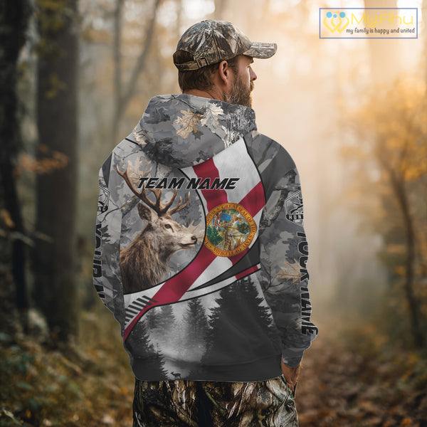 Florida Flag Grey Camo Elk Hunting Hoodie, Longsleeve Shirt - Personalized Gift for Hunters NBT17