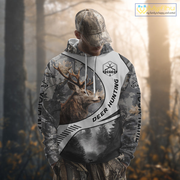 Grey Camo Elk Hunting Shirt for Men – Big Buck Design, Personalized Hunter Gift NBT18