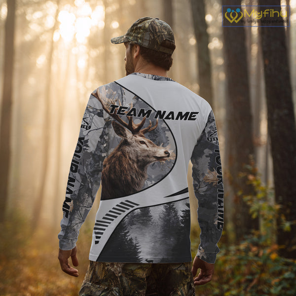 Grey Camo Elk Hunting Shirt for Men – Big Buck Design, Personalized Hunter Gift NBT18