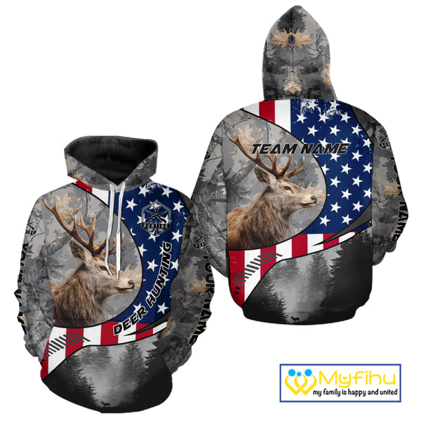 American Flag Grey Camo Deer Hunting Shirt - Personalized Gift for Hunters NBT19