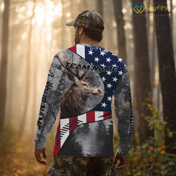 American Flag Grey Camo Deer Hunting Shirt - Personalized Gift for Hunters NBT19