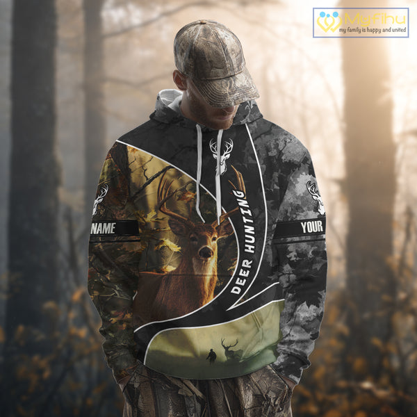 Personalized Deer Hunting Hoodie, Longsleeve Shirt – Whitetail Buck, Fall Camo, Gifts for Men NBT27