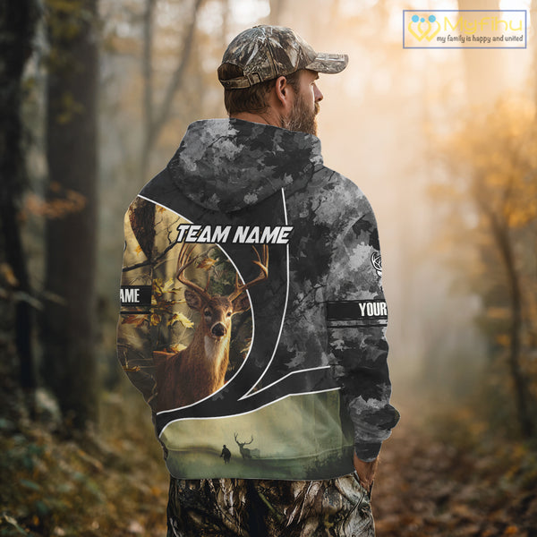 Personalized Deer Hunting Hoodie, Longsleeve Shirt – Whitetail Buck, Fall Camo, Gifts for Men NBT27
