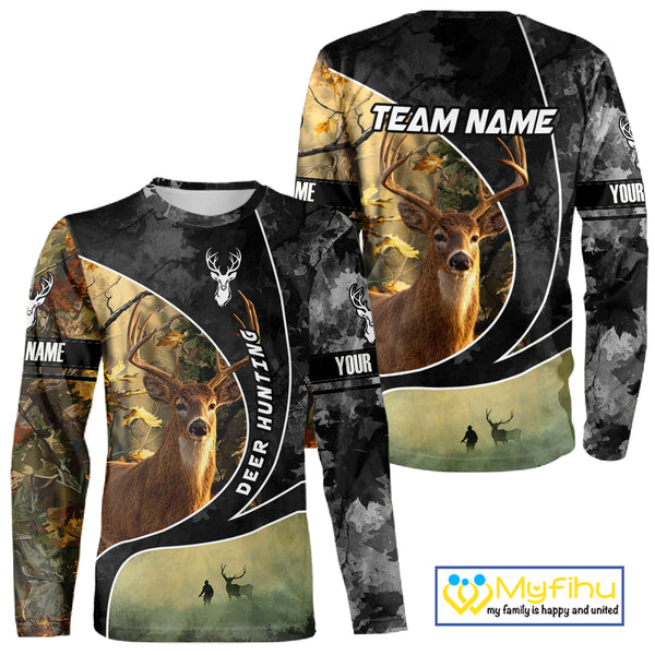 Personalized Deer Hunting Hoodie, Longsleeve Shirt – Whitetail Buck, Fall Camo, Gifts for Men NBT27