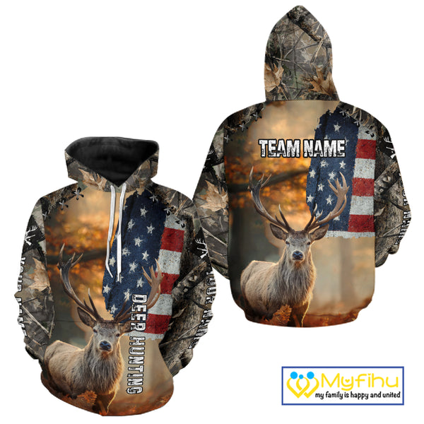 American Flag Camouflage Red Deer Hunting Shirts – Custom Name Hunting Clothes for Men NBT39