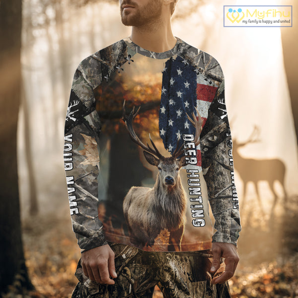 American Flag Camouflage Red Deer Hunting Shirts – Custom Name Hunting Clothes for Men NBT39