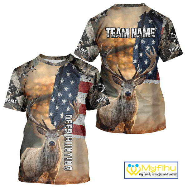 American Flag Camouflage Red Deer Hunting Shirts – Custom Name Hunting Clothes for Men NBT39