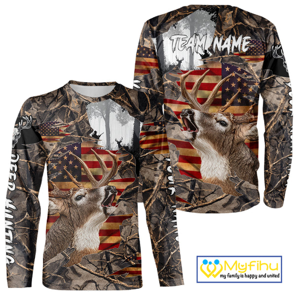 Best Deer Hunting Camo Shirt with Big Buck and US Flag – Hunting Apparel for Men, Hunter Gifts NBT61