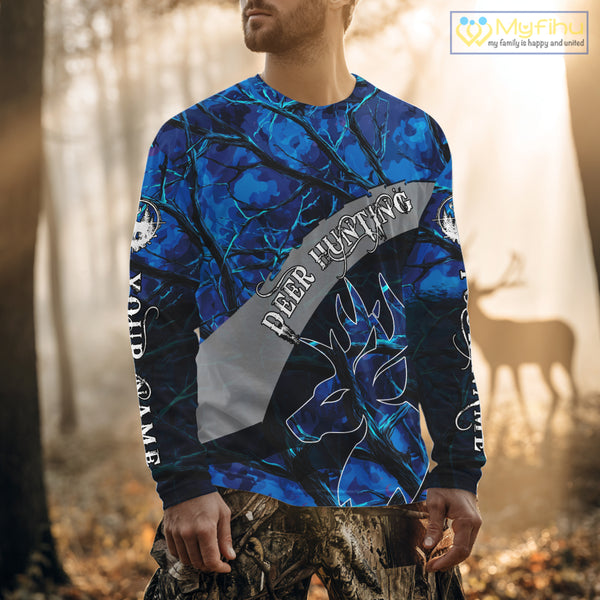Best Deer Hunting Blue Camo Custom Name 3D Printing Shirts, Hunting Gifts for Men NBT62
