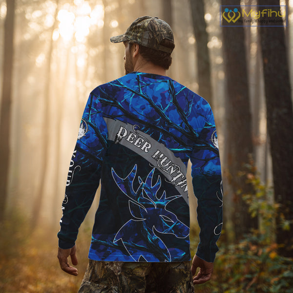 Best Deer Hunting Blue Camo Custom Name 3D Printing Shirts, Hunting Gifts for Men NBT62