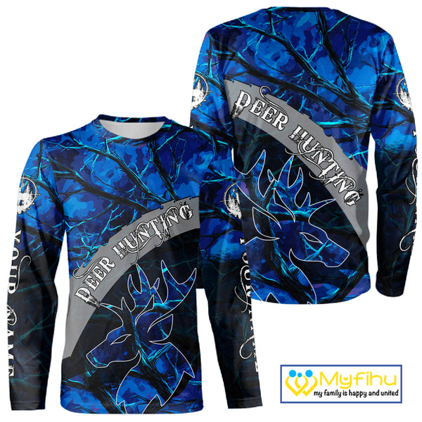 Best Deer Hunting Blue Camo Custom Name 3D Printing Shirts, Hunting Gifts for Men NBT62