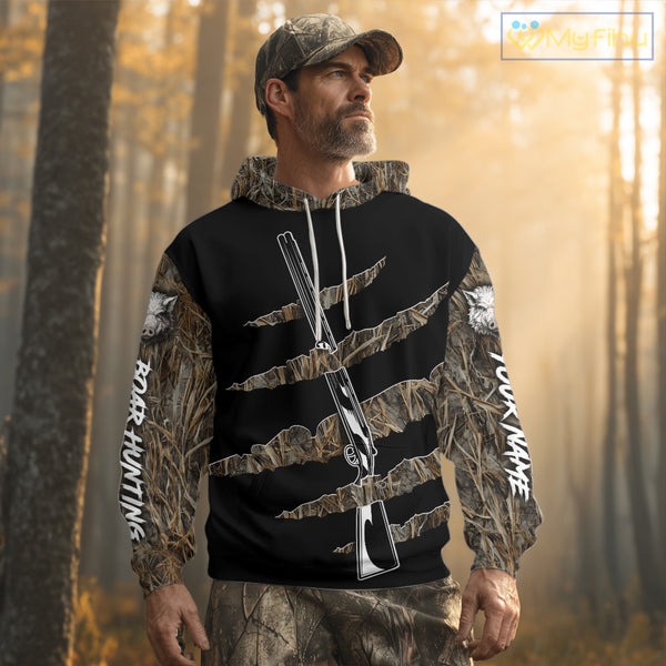 Beautiful Wild Boar Hunting 3D Print Camouflage Shirts with Rifle, Boar Hunting Clothes NBT142