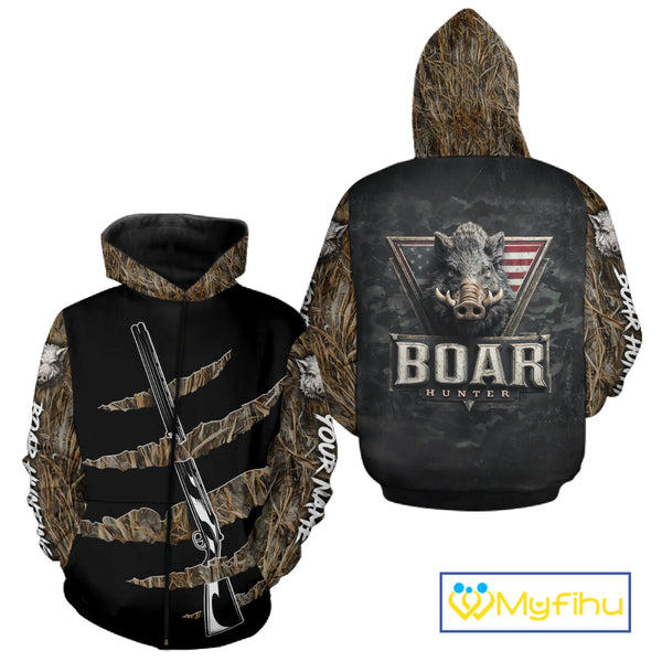 Beautiful Wild Boar Hunting 3D Print Camouflage Shirts with Rifle, Boar Hunting Clothes NBT142