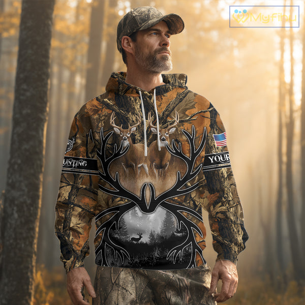 Whitetail Deer Hunting Camouflage Shirts with US Flag, Custom Hunting Shirt for Hunters NBT164