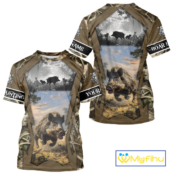 Brown Camo Wild Boar Hunting Shirt Custom Name Hunting Clothes Gifts for Hunter NBT125