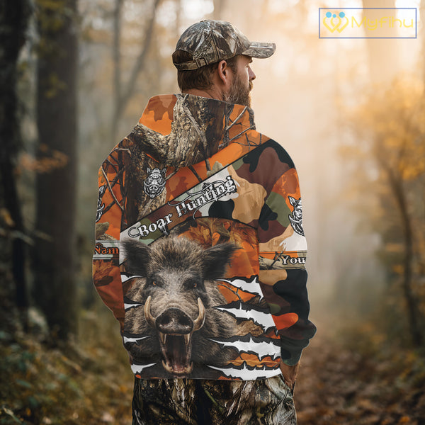 Wild Hog Hunting Orange Camouflage Custom Name Shirts, Personalized Boar Hunting Shirts NBT133