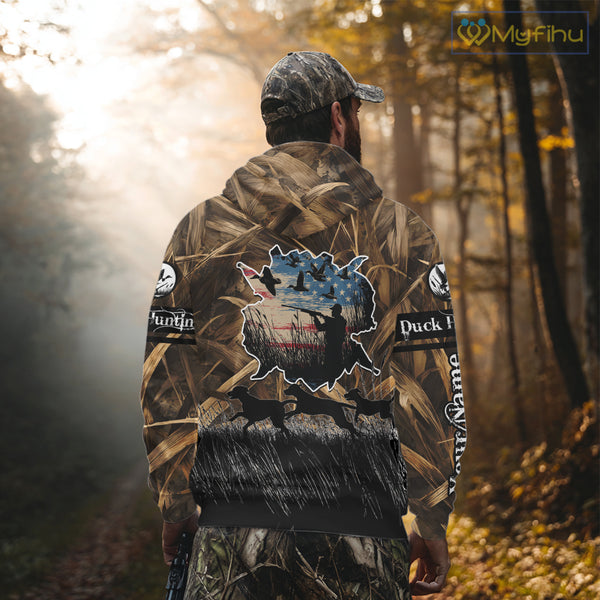 Custom Duck Hunting Camo USA Flag Custom Name 3D Printing Shirts, Duck Hunting Shirts NBT148
