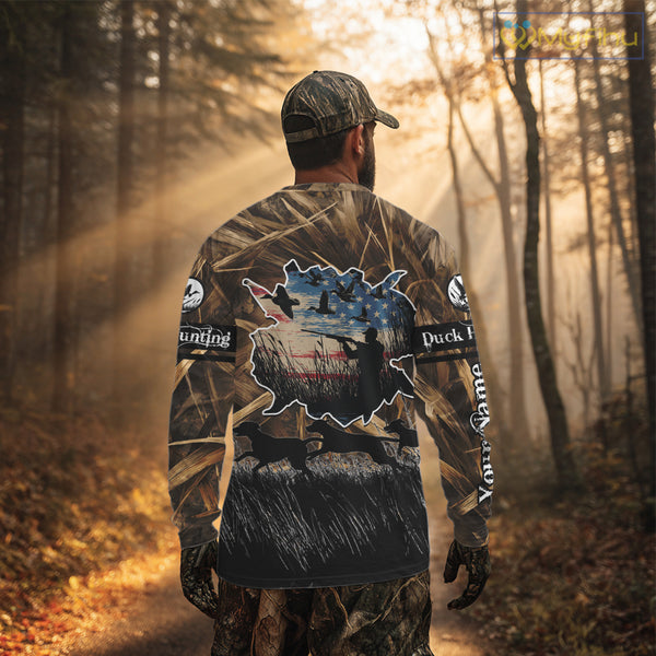 Custom Duck Hunting Camo USA Flag Custom Name 3D Printing Shirts, Duck Hunting Shirts NBT148