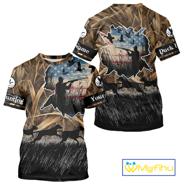 Custom Duck Hunting Camo USA Flag Custom Name 3D Printing Shirts, Duck Hunting Shirts NBT148