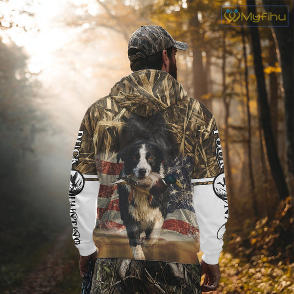 Border Collies Duck Hunting USA Flag Customized Name All Over Printed Shirts, Hunting Gifts NBT153