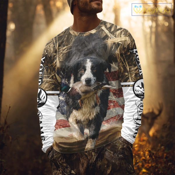 Border Collies Duck Hunting USA Flag Customized Name All Over Printed Shirts, Hunting Gifts NBT153