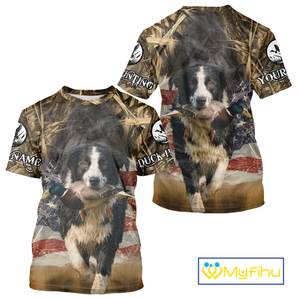 Border Collies Duck Hunting USA Flag Customized Name All Over Printed Shirts, Hunting Gifts NBT153