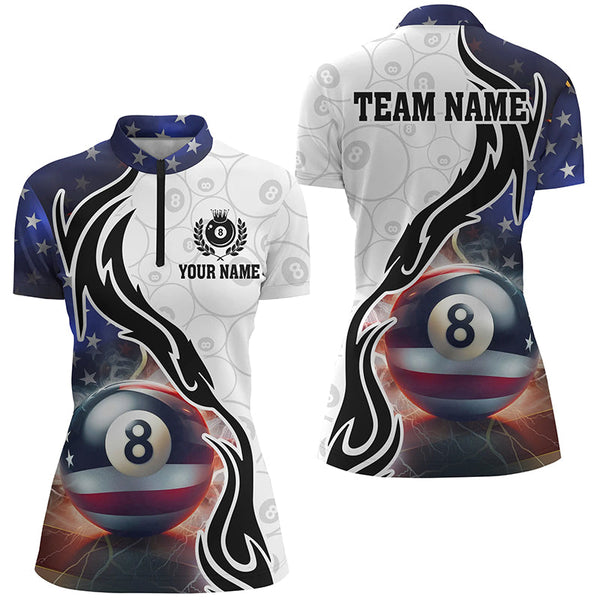 3D 8 Ball Pool Lightning US Flag Personalized Billiard Shirts For Women, Patriotic Shirts For Pooler TDM1568
