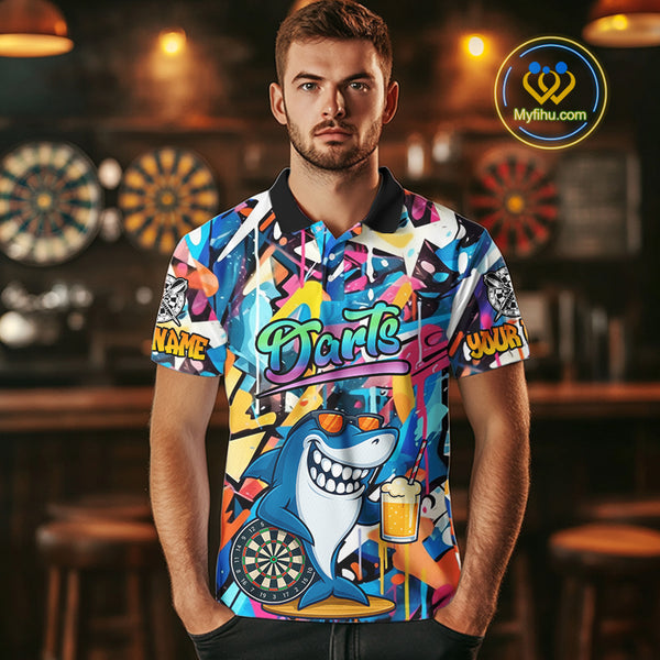 Funny Shark Colorful Graffiti Style Custom Dart Shirts For Men, Dart Team Jersey Best Darts Outfit TDM3849